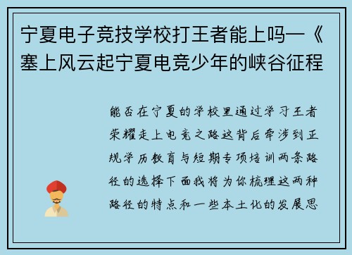 宁夏电子竞技学校打王者能上吗—《塞上风云起宁夏电竞少年的峡谷征程》